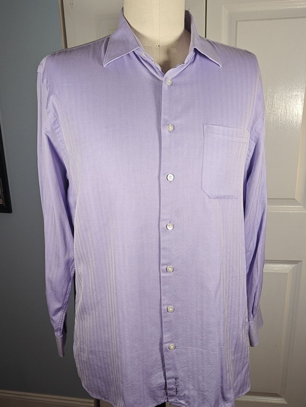 John W Nordstrom Mens 17.5 35 Lavender Purple Vertical Stripe Dress Shirt